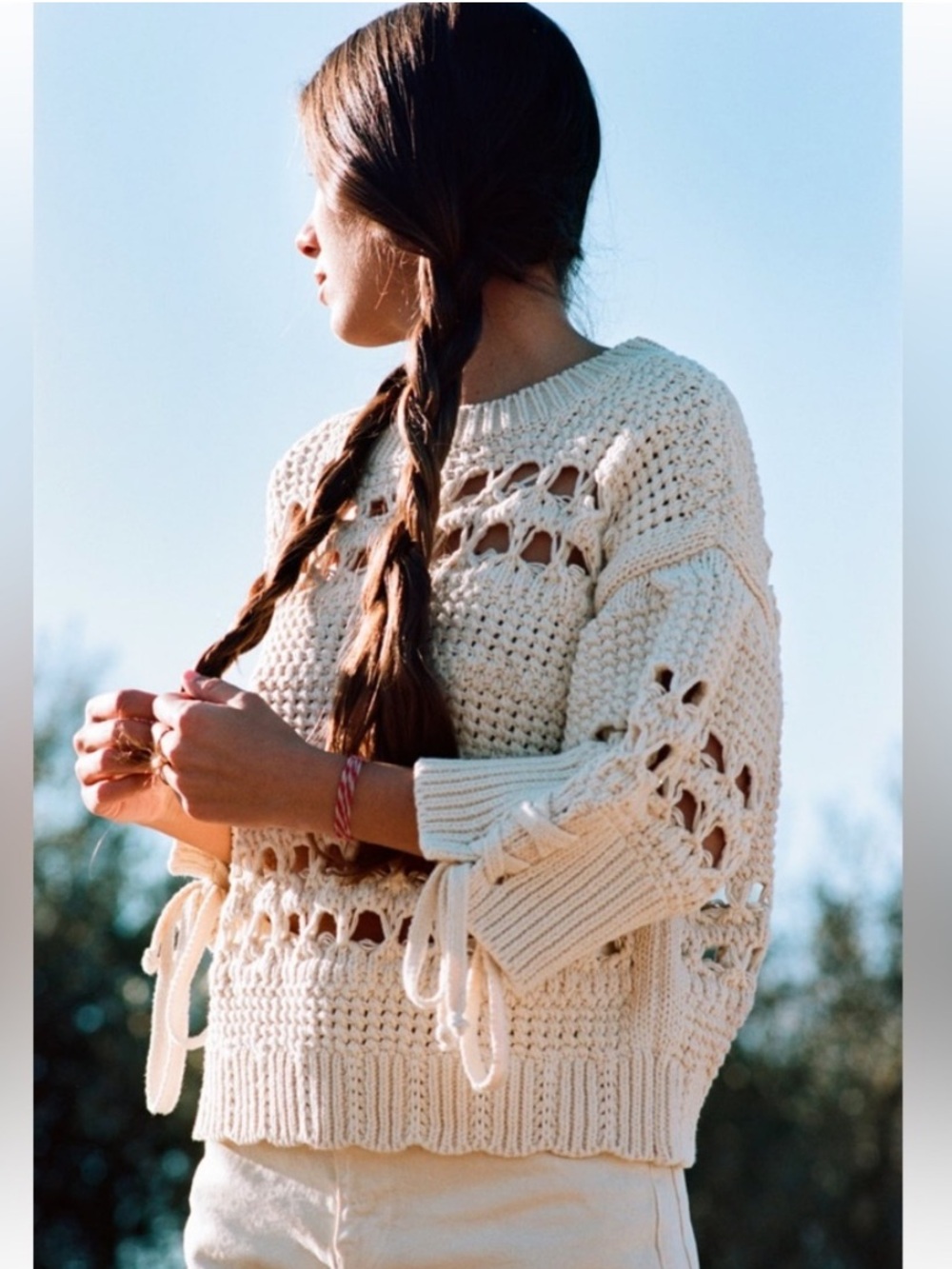 Zara Cream Open-Knit‎ Tie-Sleeve Crewneck Sweater in Ecru - worn once